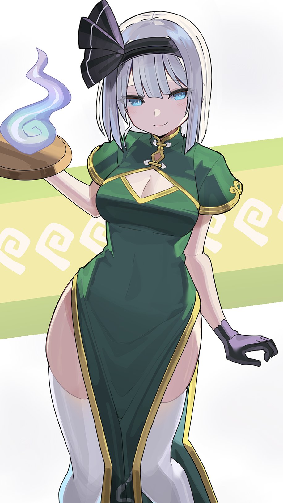 1girl adapted_costume black_gloves black_hairband black_ribbon blue_eyes blush breasts china_dress chinese_clothes cleavage cleavage_cutout closed_mouth clothing_cutout dress falken_(yutozin) feet_out_of_frame gloves green_dress hair_ribbon hairband highres holding holding_tray konpaku_youmu medium_breasts revision ribbon short_hair short_sleeves solo thighhighs touhou tray white_hair white_thighhighs