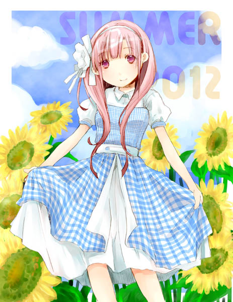 10s 1girl 2012 akb0048 blue_sky blunt_bangs blush breasts cloud dated day dress female_focus flower hair_flower hair_ornament hair_over_shoulder hair_ribbon hairband high_collar kashiwagi_yuki_(akb0048) light_smile long_hair looking_at_viewer outdoors parted_bangs pink_hair plaid_clothes plaid_dress puffy_short_sleeves puffy_sleeves purple_eyes ribbon shikage_nagi short_sleeves skirt_hold sky small_breasts smile solo standing summer sundress sunflower tororo29 twintails very_long_hair