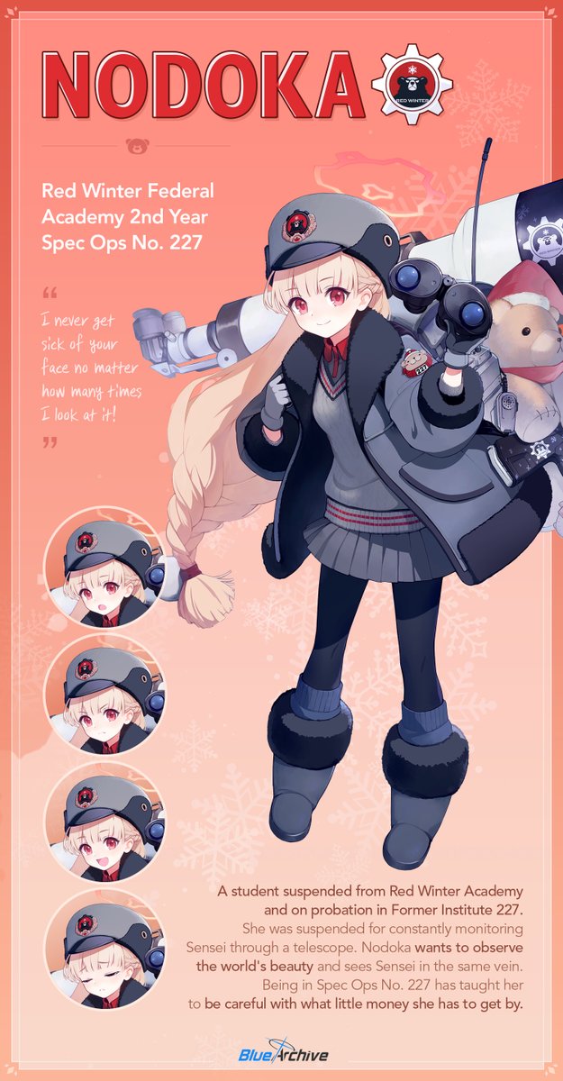 1girl binoculars black_pantyhose blonde_hair blue_archive character_name reference_sheet english_text multiple_expressions full_body gloves gun halo handgun hat highres jacket looking_at_viewer machine_pistol nodoka_(blue_archive) official_art pantyhose personal_defense_weapon pistol pp-2000 red_eyes school_uniform smile solo stuffed_animal stuffed_toy submachine_gun teddy_bear telescope weapon winter_clothes