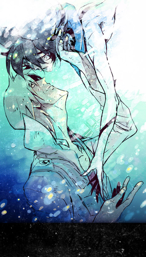 2boys akira-riku akoes black_hair blue_theme bodysuit casshern casshern_(series) casshern_sins closed_mouth commentary_request crying grey_hair hair_between_eyes limited_palette long_bangs looking_at_another male_focus multiple_boys short_hair smile upper_body white_bodysuit