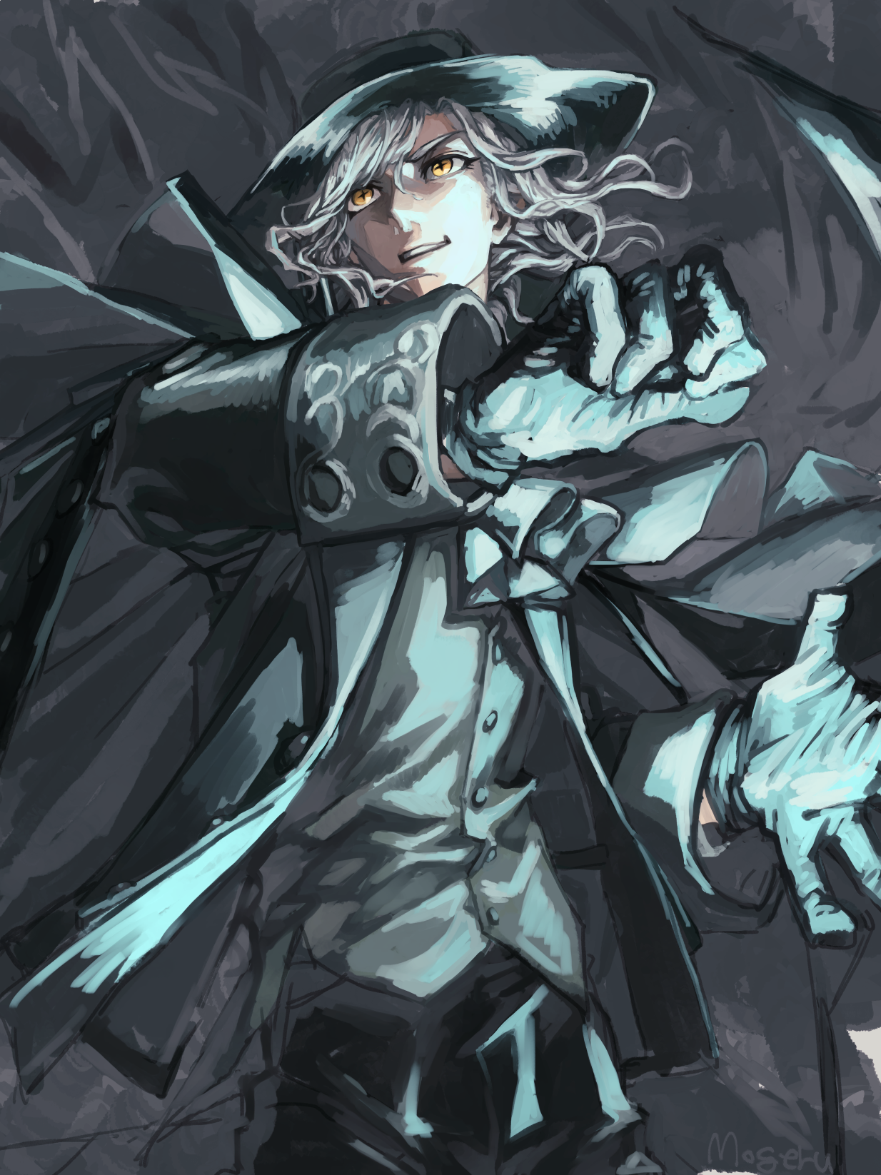 1boy black_cape black_gloves black_hat black_jacket cape collared_shirt edmond_dantes_(fate) fate/grand_order fate_(series) formal_clothes gloves hat highres jacket long_sleeves male_focus medium_hair momomogeta parted_lips shirt signature silver_hair solo standing suit white_shirt wing_collar yellow_eyes
