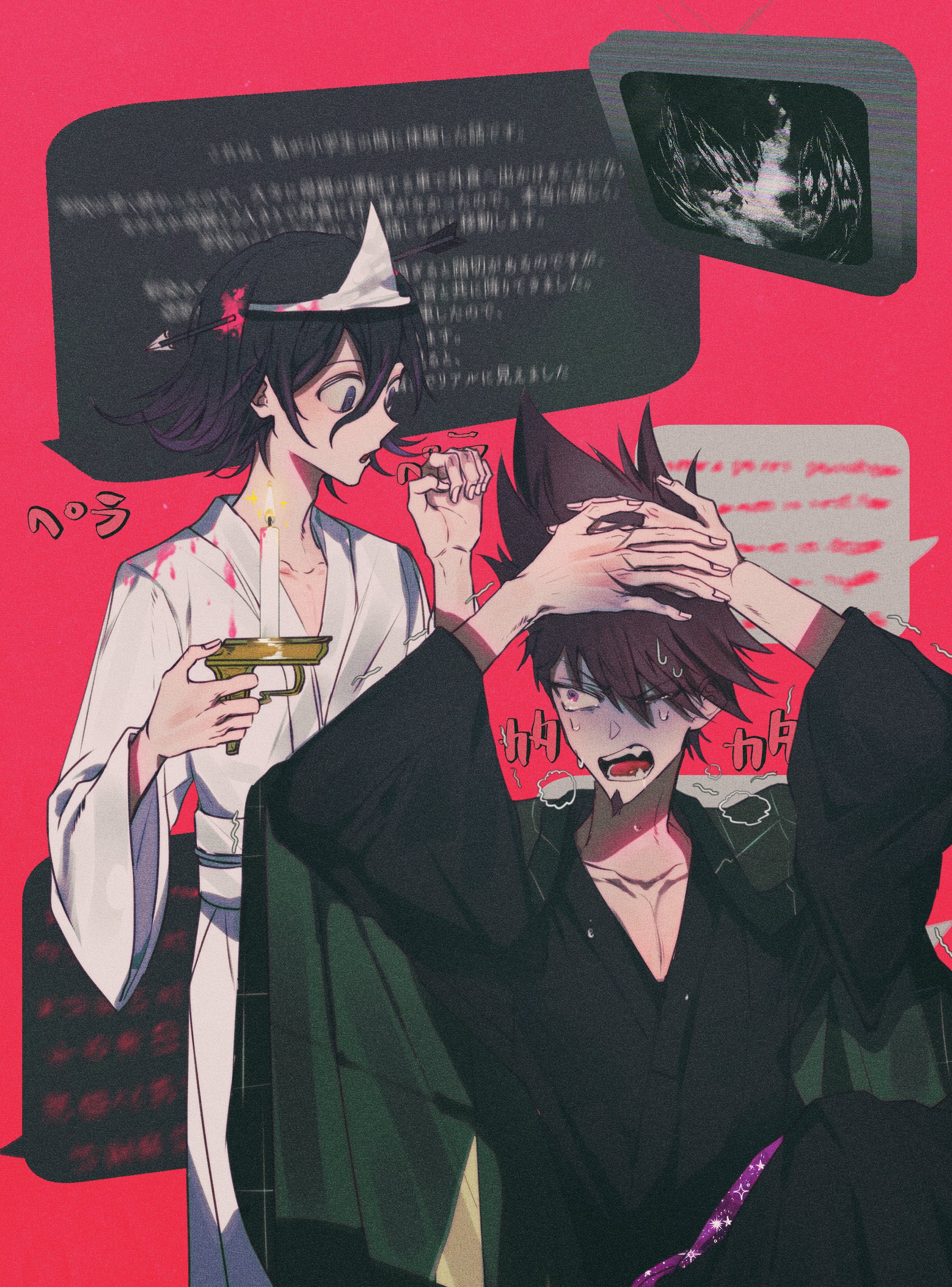 2boys absurdres black_hair blurry_text candle candlestand commentary danganronpa_(series) danganronpa_v3:_killing_harmony facial_hair flipped_hair ghost ghost_costume goatee hair_between_eyes halloween halloween_costume highres hoejang_huijang holding holding_candle japanese_clothes kimono long_sleeves male_focus momota_kaito multiple_boys nervous_sweating oma_kokichi open_mouth pink_background profile purple_eyes purple_facial_hair purple_hair scared short_hair spiked_hair sweat teeth translation_request triangular_headpiece white_kimono wide-eyed