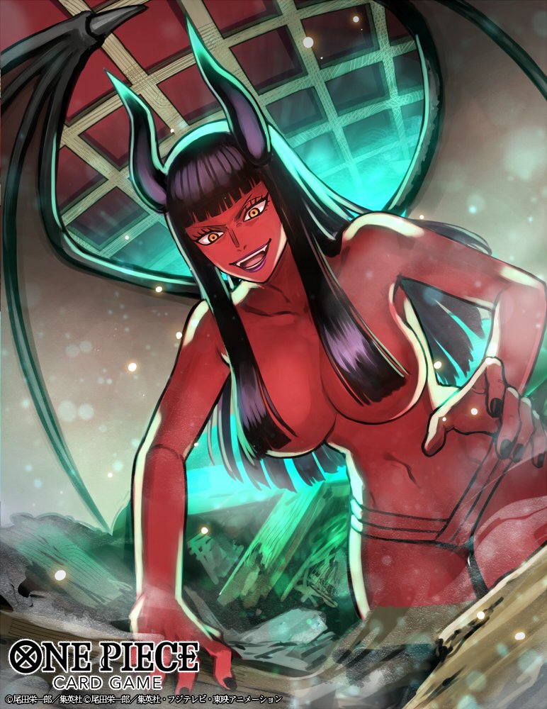 1girl black_hair black_horns black_nails blunt_ends colored_skin commentary_request copyright_name cowboy_shot demon_girl demonio_fleur evil_smile eyelashes fangs hana_hana_no_mi horns long_hair looking_down nico_robin nijihayashi official_art one_piece one_piece_card_game open_mouth purple_lips red_skin smile solo wings yellow_eyes