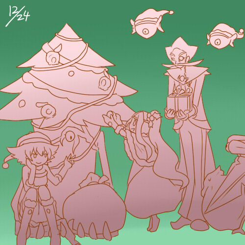 1boy 2girls alternate_costume arlon_(kid_icarus) christmas christmas_tree dated facial_hair fluora gift green_background hat holding holding_sack kid_icarus kid_icarus_uprising long_hair lowres monocle multiple_girls mustache nintendo nutski phosphora sack santa_hat single_eye sitting smile standing tiptoes urgle