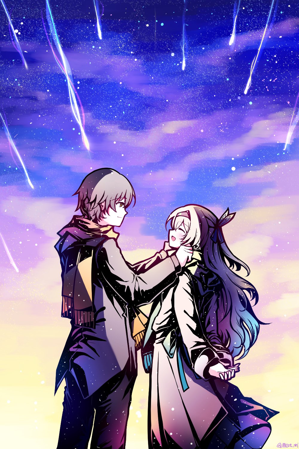 arms_behind_back caelus_(honkai:_star_rail) closed_eyes dress electronduck firefly_(honkai:_star_rail) grabbing_another&#039;s_shoulder hair_between_eyes hair_intakes hair_ornament hair_ribbon hairband highres honkai:_star_rail honkai_(series) open_mouth ribbon scarf shooting_star sky smile star_(sky) starry_sky trailblazer_(honkai:_star_rail)