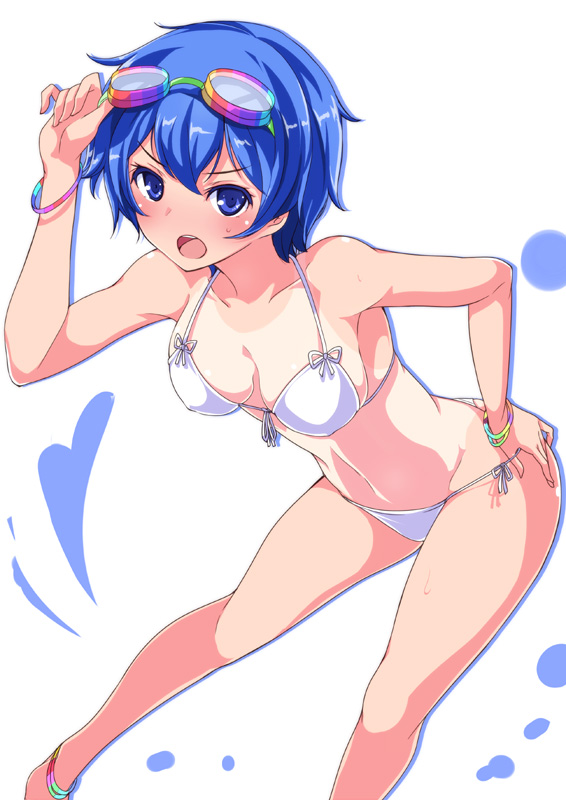 1girl bikini blue_eyes blue_hair char female_focus goggles goggles_on_head kamishiro_sui leaning_forward matching_hair/eyes mutou_kurihito one-piece_tan short_hair side-tie_bikini_bottom simple_background solo sui_kamishiro swimsuit tan tanline tokyo_7th_sisters v-shaped_eyebrows white_background white_bikini
