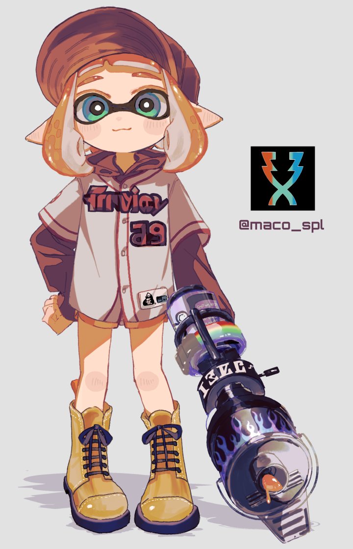 1girl :3 artist_name baseball_cap blaster_(splatoon) blue_eyes blush_stickers boots bright_pupils closed_mouth commentary_request full_body grey_boots hand_on_own_hip hat holding holding_weapon hood hood_down hoodie inkling inkling_girl inkling_player_character lace-up_boots layered_sleeves long_sleeves looking_at_viewer maco_spl medium_hair nintendo orange_boots orange_hair orange_hat orange_shorts pointy_ears red_hoodie shirt short_over_long_sleeves short_sleeves shorts smile solo splatoon_(series) splatoon_3 standing tentacle_hair weapon white_pupils white_shirt