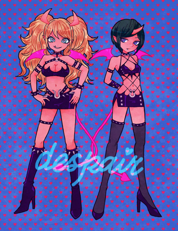 2girls armband belt black_hair blonde_hair blue_background blue_eyes boots breasts cleavage collar danganronpa:_trigger_happy_havoc danganronpa_(series) demon demon_girl demon_horns demon_tail demon_wings english_text enoshima_junko fang freckles full_body grin heart heart_background heart_pattern high_heel_boots high_heels horns ikusaba_mukuro incest intertwined_tails knee_boots large_breasts leather leather_boots leather_skirt looking_at_another looking_at_viewer looking_to_the_side multiple_girls navel open_mouth siblings simple_background sisters skirt small_breasts smile spiked_collar spiked_skirt spiked_wristband spikes standing studded_belt studded_bra studded_skirt tail teeth thighhighs twincest twins twintails wings wristband yuri