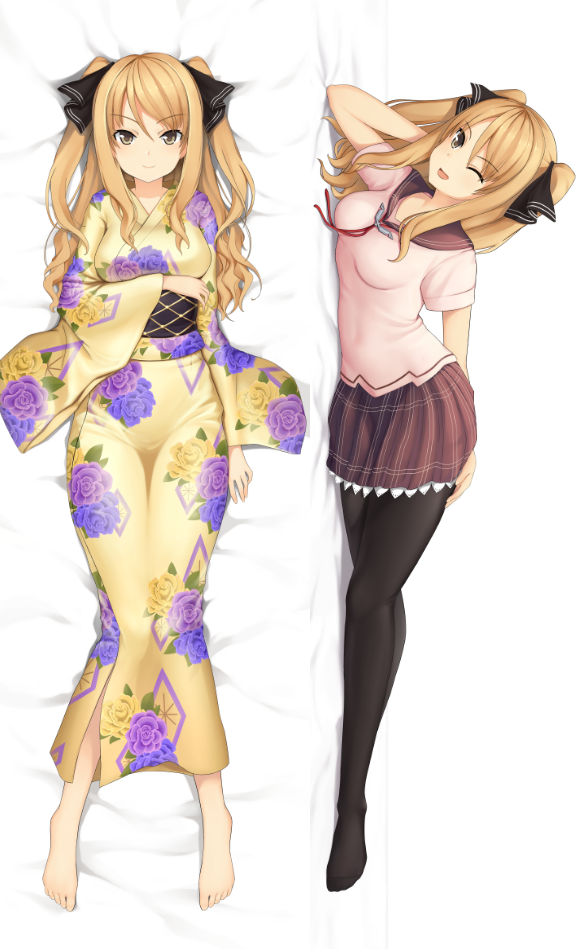 1girl ao_no_kanata_no_four_rhythm arm_across_chest barefoot bed_sheet black_pantyhose black_ribbon blonde_hair breasts brown_eyes brown_skirt commission dakimakura_(medium) floral_print hair_ribbon hand_on_own_thigh head_on_hand japanese_clothes kimono long_hair looking_at_viewer lying medium_breasts miniskirt multiple_views obi on_back on_side one_eye_closed open_mouth pantyhose pink_shirt ribbon sash satouin_reiko school_uniform shirt skirt smile stira two_side_up underskirt yellow_kimono yukata