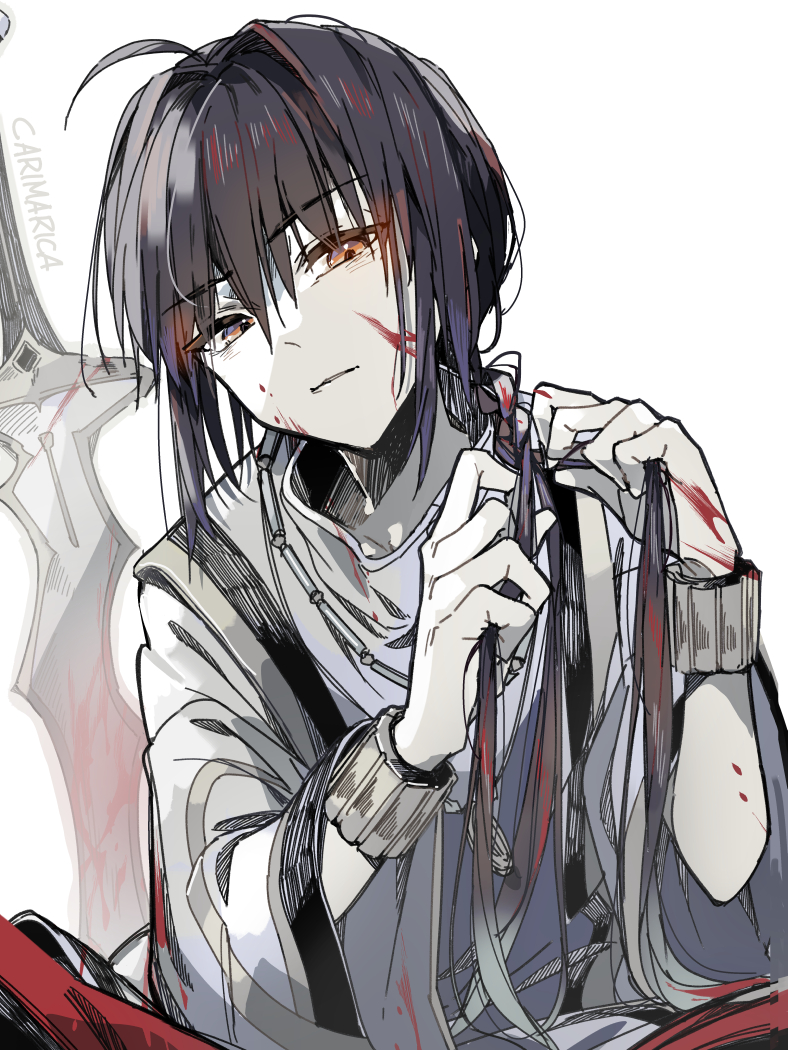 1other ahoge androgynous black_hair blood blood_in_hair blood_on_clothes blood_on_face blood_on_hands bracelet braid braided_ponytail braiding_hair carimarica fate/grand_order fate/samurai_remnant fate_(series) frown hair_intakes hairdressing japanese_clothes jewelry kimono necklace orange_eyes planted planted_sword planted_weapon sidelocks simple_background single_braid sword upper_body weapon white_background yamato_takeru_(fate)