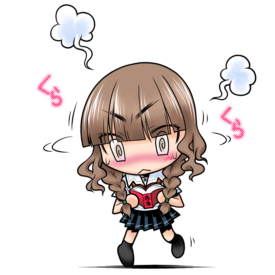 @_@ blush book braid brown_eyes brown_hair chibi chibi_only kimi_kiss kurosu_tsugutoshi long_hair mizusawa_mao school_uniform serafuku solo sweats twin_braids