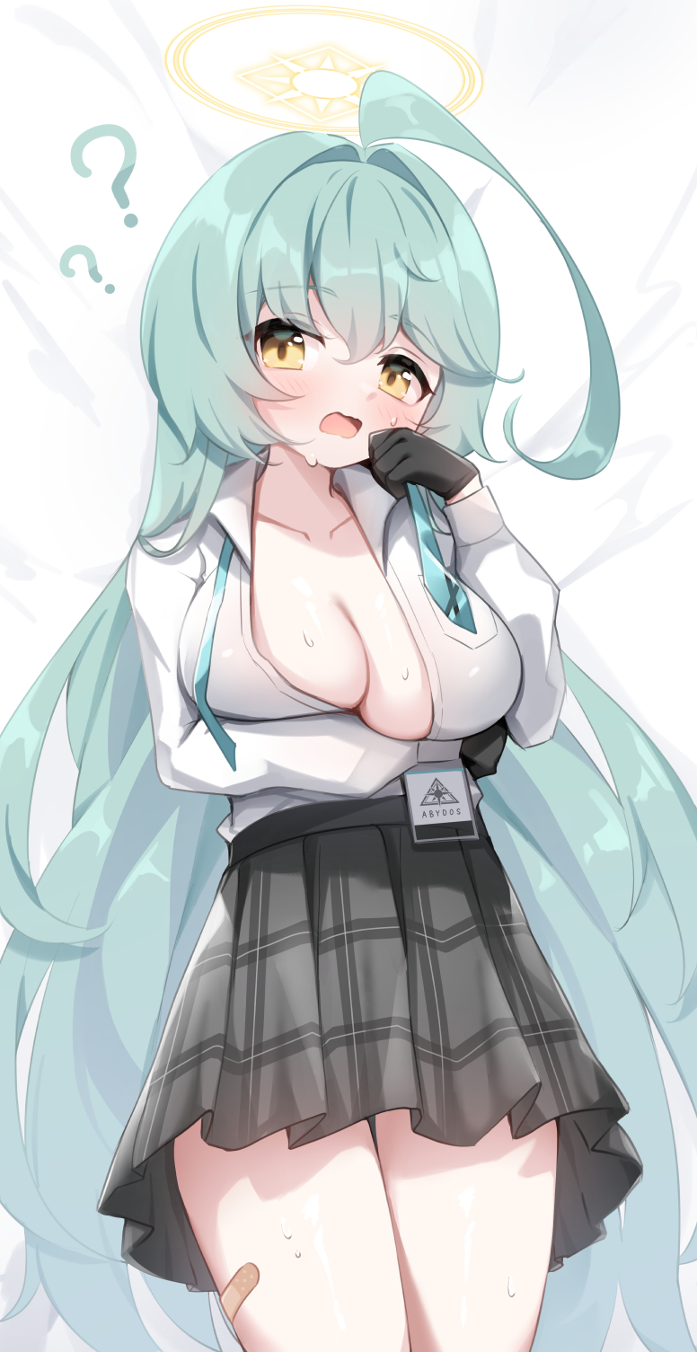 ? ahoge blue_archive blush breasts cleavage collarbone gloves green_eyes halo highres id_card large_breasts long_hair looking_at_viewer school_uniform simple_background sweat umou_(may65879) white_background yellow_eyes yume_(blue_archive)