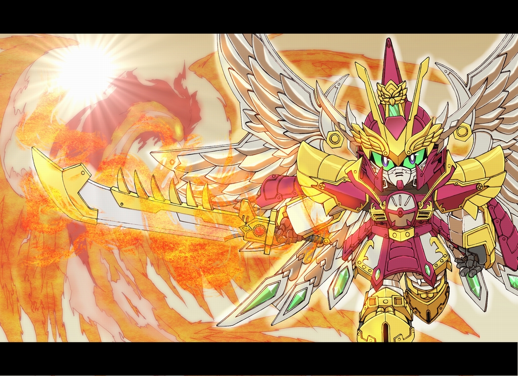 armor bird cao_cao fire fire green_eyes gundam gundam_x helmet mecha no_humans phoenix robot romance_of_the_three_kingdoms sd_gundam sd_gundam_sangokuden serious shoulder_pads sousou_gundam sword v-fin weapon wings