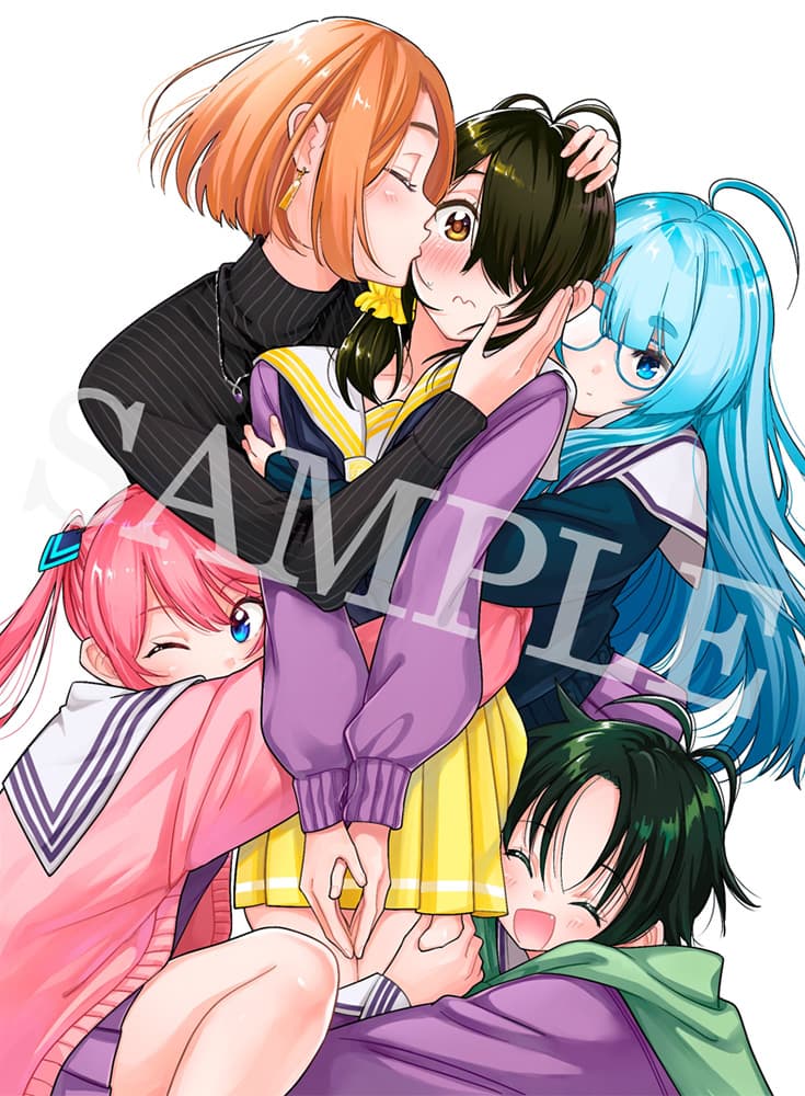 5girls :d ahoge antenna_hair artist_request black_hair black_sweater blue-framed_eyewear blue_eyes blue_hair blunt_bangs blush cardigan closed_eyes closed_mouth earrings fang glasses green_hair group_hug hair_over_one_eye hair_over_shoulder hands_on_another&#039;s_head hug jewelry kiss kissing_cheek long_hair long_sleeves looking_at_viewer medium_hair miniskirt multiple_girls nose_blush official_art one_eye_closed one_eye_covered open_cardigan open_clothes open_mouth orange_hair own_hands_together pendant pink_cardigan pink_hair pleated_skirt ponytail purple_cardigan sailor_collar sample_watermark school_uniform shiunji-ke_no_kodomotachi shiunji_banri shiunji_kotono shiunji_minami shiunji_ouka shiunji_seiha short_hair siblings sidelocks simple_background sisters skirt smile sweatdrop sweater swept_bangs turtleneck turtleneck_sweater twintails watermark wavy_mouth white_background white_sailor_collar wispy_bangs yellow_eyes yellow_skirt