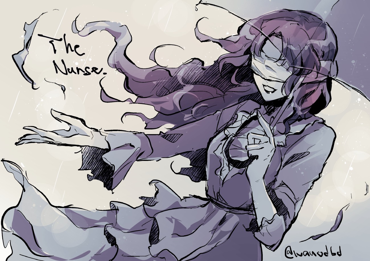 1girl character_name dead_by_daylight dress floating_hair greyscale holding holding_umbrella long_hair monochrome open_hand parted_bangs rain sketch smile solo the_nurse_(dead_by_daylight) twitter_username umbrella wano_(azayakam)