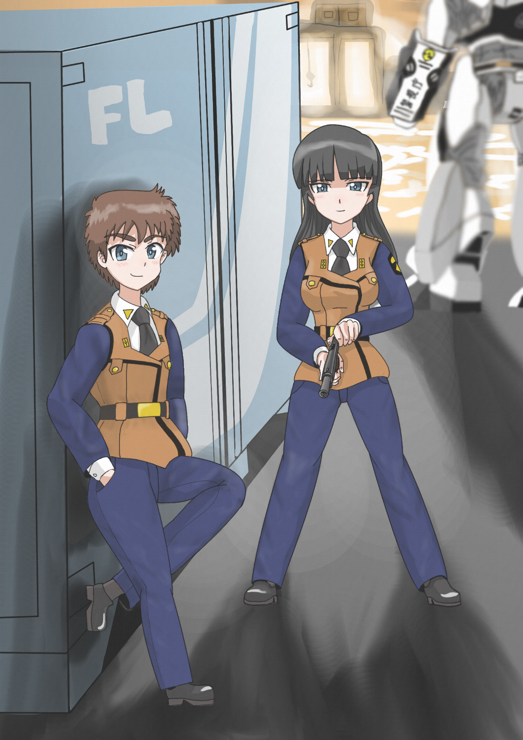 2girls av-98_ingram gun handgun highres ideshin izumi_noa kanuka_clancy kidou_keisatsu_patlabor m1911 multiple_girls police police_uniform policewoman sunset weapon