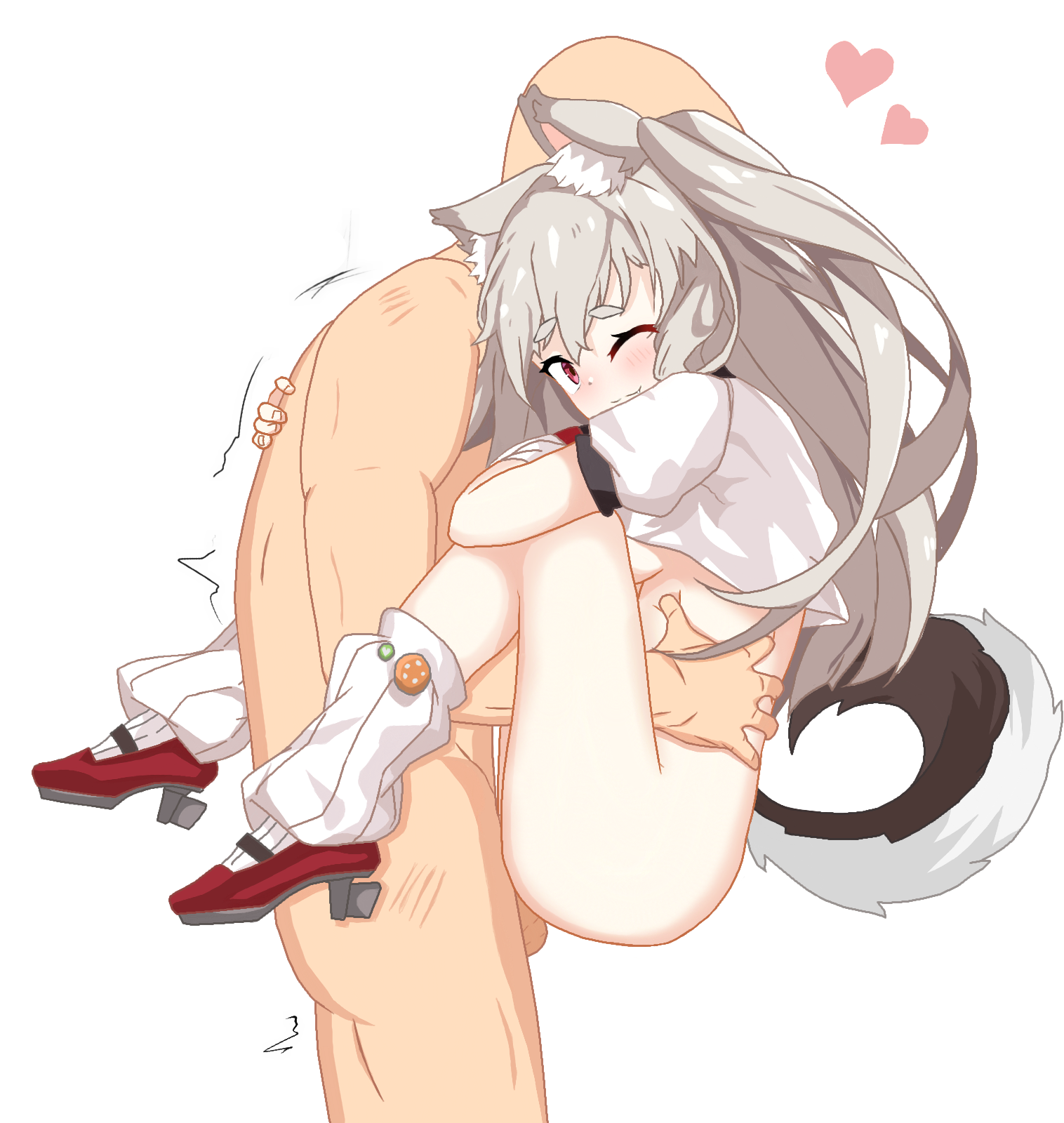 1boy 1girl animal_ears azur_lane bottomless breasts crop_top deep_penetration dog_ears dog_girl dog_tail grabbing_another&#039;s_stomach grey_hair heart highres loose_socks one_eye_closed red_footwear sbeve2004 sex shirt sideboob smile socks standing standing_sex tail vaginal white_shirt yuudachi_(azur_lane)
