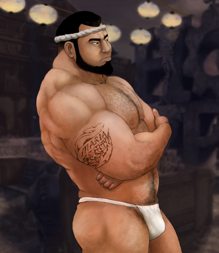 1boy 2017 arm_hair bara beard body_hair chinstrap_beard connected_beard crossed_arms d0iii0b dominic_santiago facial_hair fundoshi gachimuchi gears_of_war japanese_clothes lantern male_focus mature_male muscular muscular_male paper_lantern pectorals tattoo thick_thighs thighs