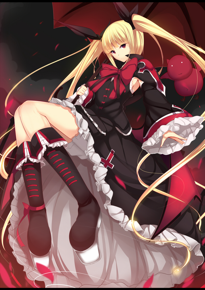 1girl :3 armpits bat_(animal) blazblue blonde_hair boots bow daiaru dress frills gii long_hair night petals platform_footwear rachel_alucard red_eyes twintails umbrella