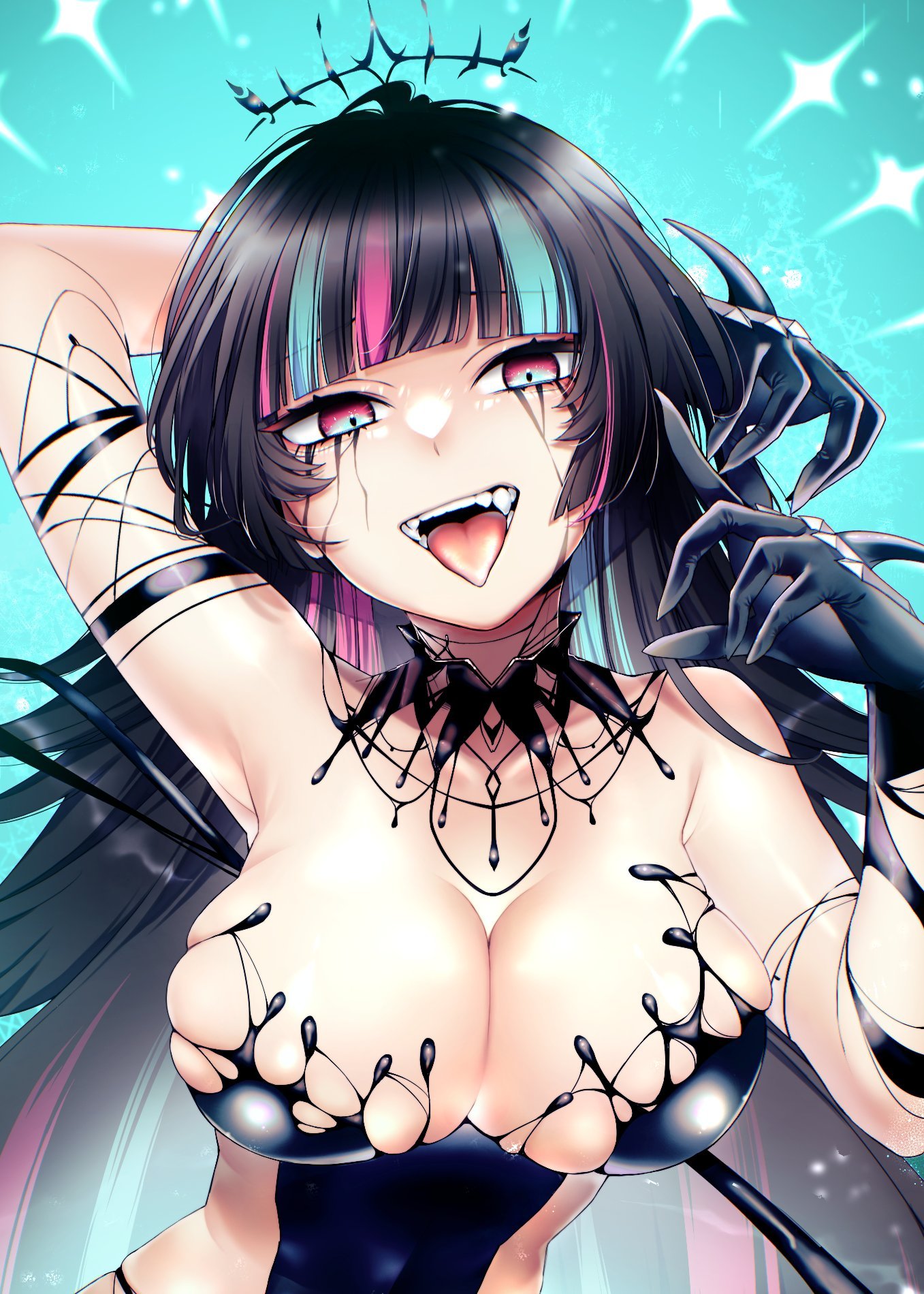 029jrr 1girl black_collar black_dress black_hair blue_eyes blue_hair breasts collar detached_collar dress emma_llama fangs floating_headgear headgear highres indie_virtual_youtuber ink large_breasts liquid_clothes liquid_from_eyes long_hair multicolored_eyes multicolored_hair open_mouth pink_eyes pink_hair shiny_skin solo streaked_hair teeth tongue tongue_out two-tone_eyes virtual_youtuber