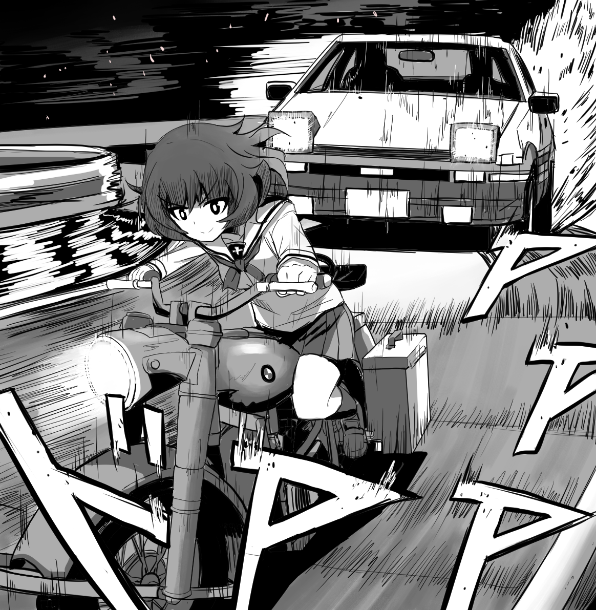1girl akiyama_yukari bmw bmw_r75 car commentary crossover drifting fujiwara_takumi's_toyota_trueno_ae86 girls_und_panzer greyscale guard_rail initial_d kk90 monochrome motion_lines motor_vehicle motorcycle ooarai_school_uniform road school_uniform shigeno_shuuichi_(style) shoes skirt smile socks sound_effects speed_lines toyota toyota_sprinter_trueno