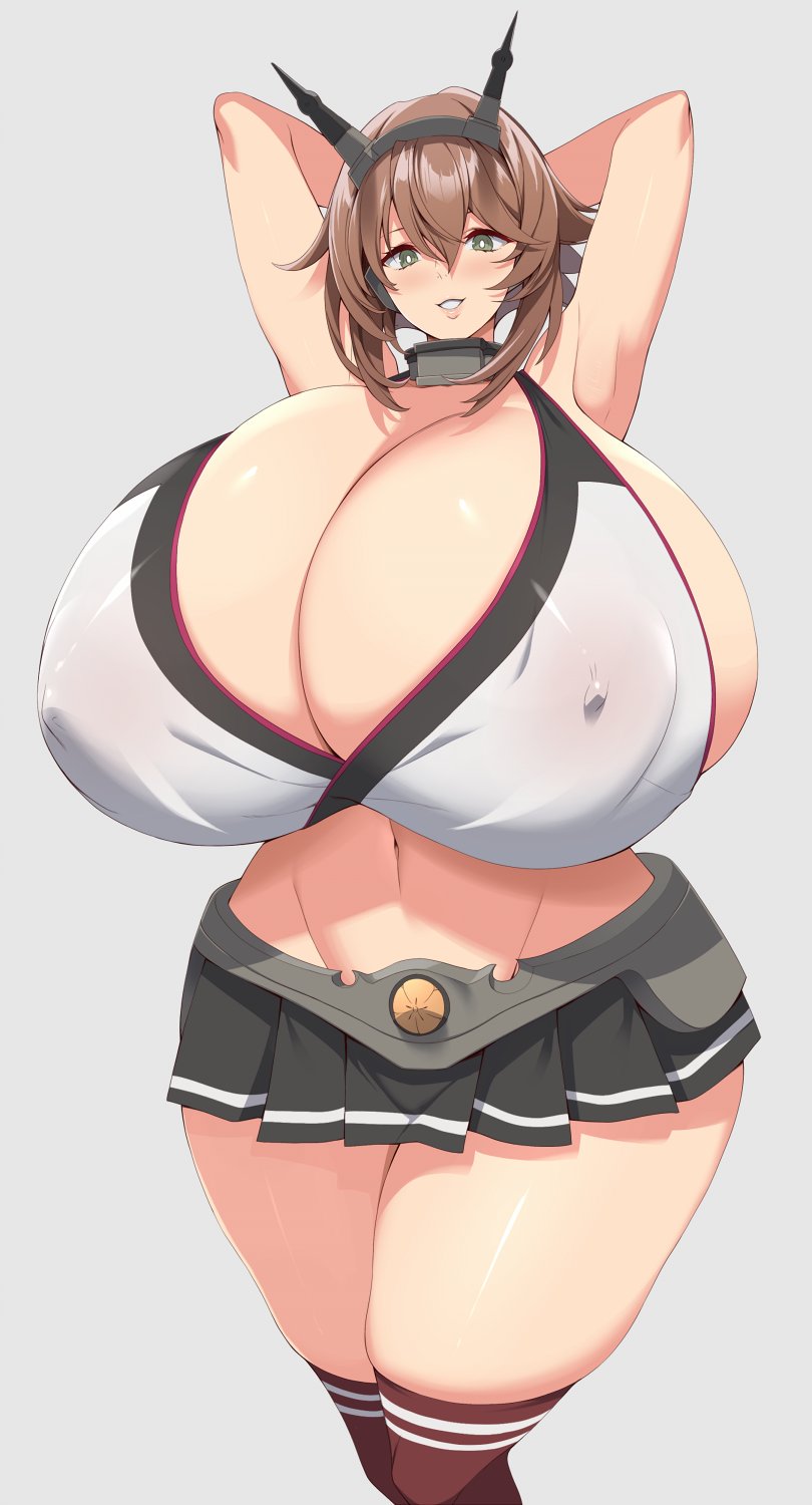 1girl armored_skirt armpits arms_behind_head arms_up bikini blush breasts brown_hair choker cleavage covered_erect_nipples curvy gigantic_breasts green_eyes hair_between_eyes hair_ornament hairband highres kantai_collection kloah knees_up looking_at_viewer medium_hair mutsu_(kancolle) navel parted_lips shiny_skin sidelocks simple_background skindentation skirt smile solo standing swimsuit thick_thighs thighhighs thighs wide_hips