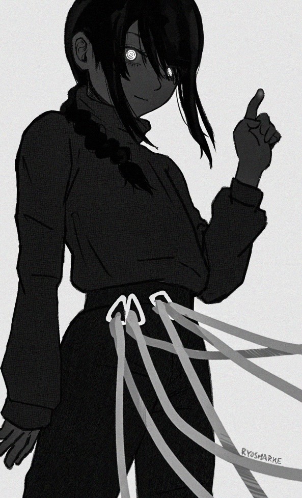1girl artist_name braid braided_ponytail chainsaw_man closed_mouth cowboy_shot grey_background greyscale hair_over_one_eye hair_over_shoulder hand_up leash light_smile long_hair long_sleeves looking_at_viewer monochrome nayuta_(chainsaw_man) ringed_eyes ryosharke simple_background solo