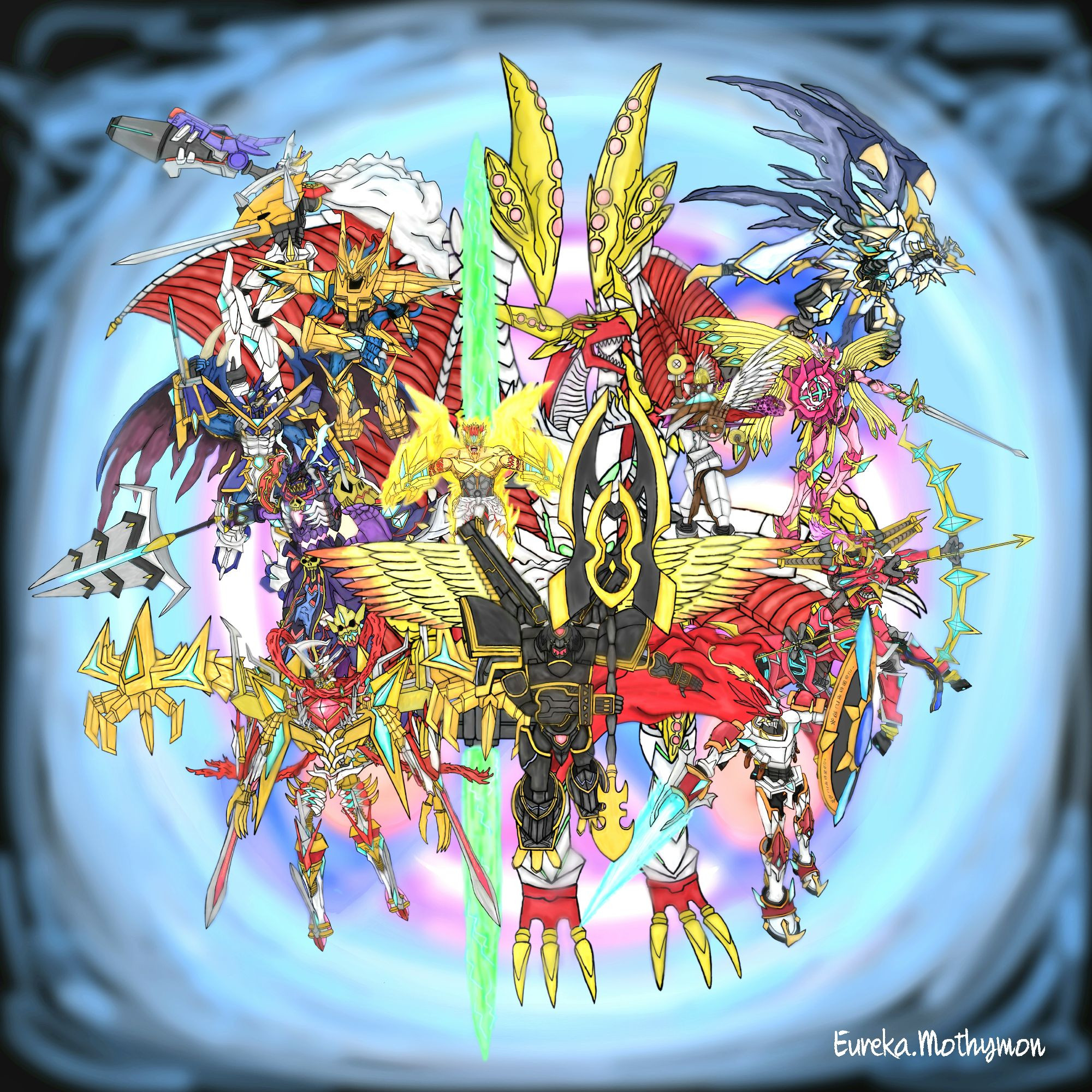 alphamon_ouryuken armor arrow_(projectile) bow claws craniummon_x-antibody digimon digimon_(creature) duftmon_x-antibody dukemon_x-antibody dynasmon_x-antibody examon_x-antibody gankoomon_x-antibody highres jesmon_x-antibody looking_at_viewer lordknightmon_x-antibody magnamon_x-antibody omegamon_x-antibody royal_knights sleipmon_x-antibody sword ulforcev-dramon_x-antibody weapon wings