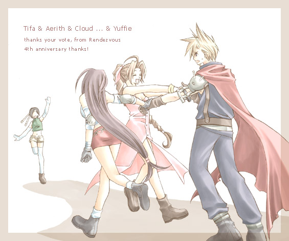 00s 1boy 2000s_(style) 3girls aerith_gainsborough armor beige_shorts belt black_boots black_hair blonde_hair blue_pants blue_shirt boots bracelet braid brown_boots brown_hair cape cloud_strife dress elbow_pads english_text final_fantasy final_fantasy_vii gloves green_shirt hair_ribbon holding_another&#039;s_wrist jewelry kingdom_hearts long_dress long_hair low-tied_long_hair midriff miniskirt multiple_girls open_fly open_mouth pants pink_dress pink_ribbon red_cape rendezvous ribbon shirt short_hair shorts shoulder_armor skirt sleeveless sleeveless_turtleneck spiked_hair square_enix suspenders sweatdrop thighhighs tifa_lockhart turtleneck waving yuffie_kisaragi