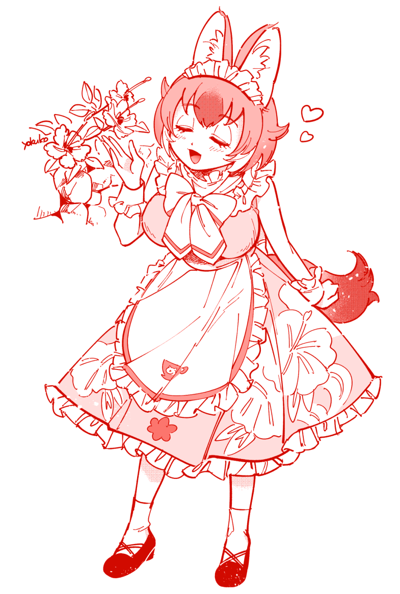 1girl alternate_costume animal_ears apron dhole_(kemono_friends) dog_ears dog_girl dog_tail dress enmaided extra_ears floral_print flower frilled_apron frilled_dress frills heart kemono_friends kemono_friends_3 maid maid_apron maid_headdress solo tail waist_apron wrist_cuffs yokuko_zaza