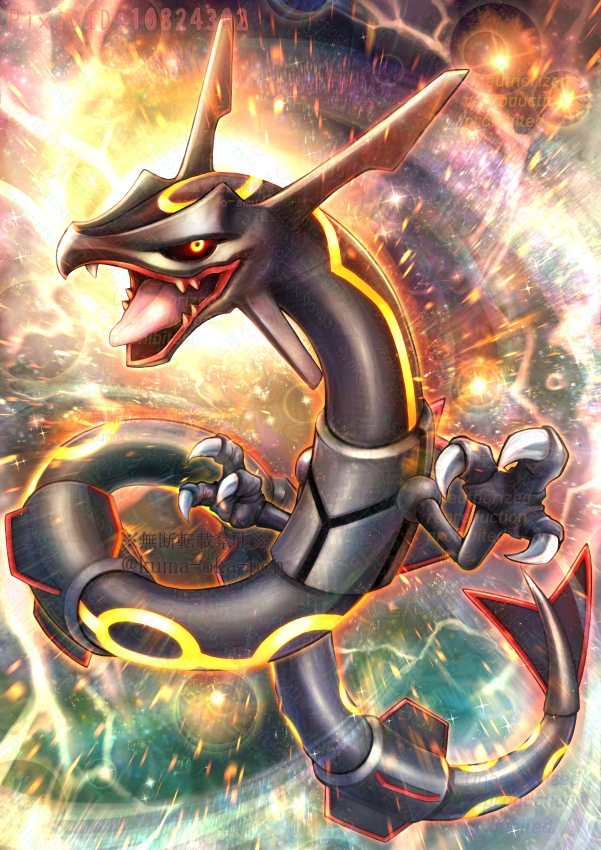 alternate_color black_sclera claws colored_sclera dragon eastern_dragon full_body gen_3_pokemon horns kumaoka_pon legendary_pokemon looking_at_viewer mixed-language_commentary nintendo no_humans open_mouth pixiv_id pokemon pokemon_(creature) rayquaza shiny_pokemon solo teeth tongue watermark yellow_eyes