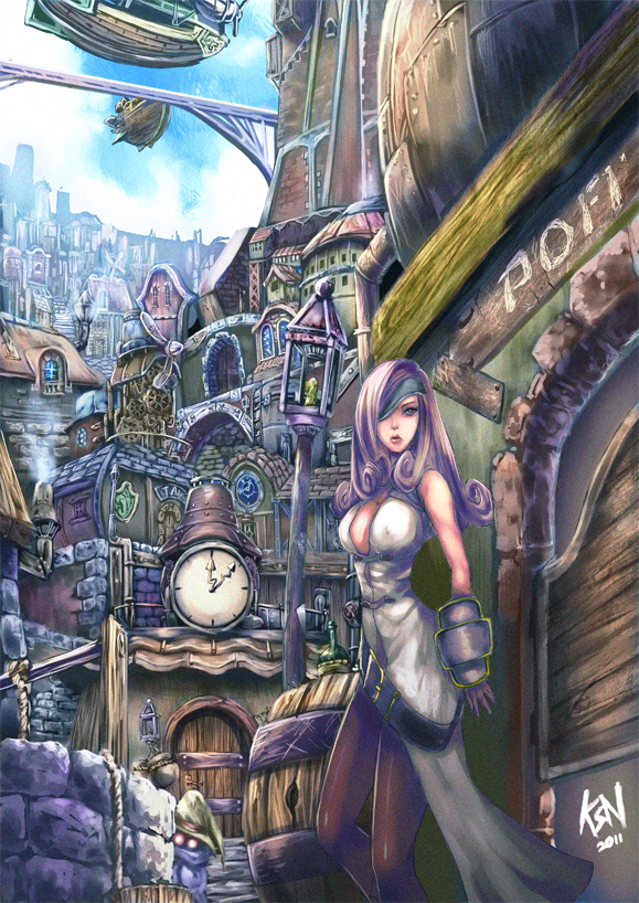 00s 1girl aircraft airship beatrix belt breasts brown_hair city cleavage clock covered_erect_nipples curly_hair door eyepatch final_fantasy final_fantasy_ix gloves glowing glowing_eyes hat long_hair pantyhose ship sky sword teddypocky town vivi_ornitier watercraft weapon well witch_hat