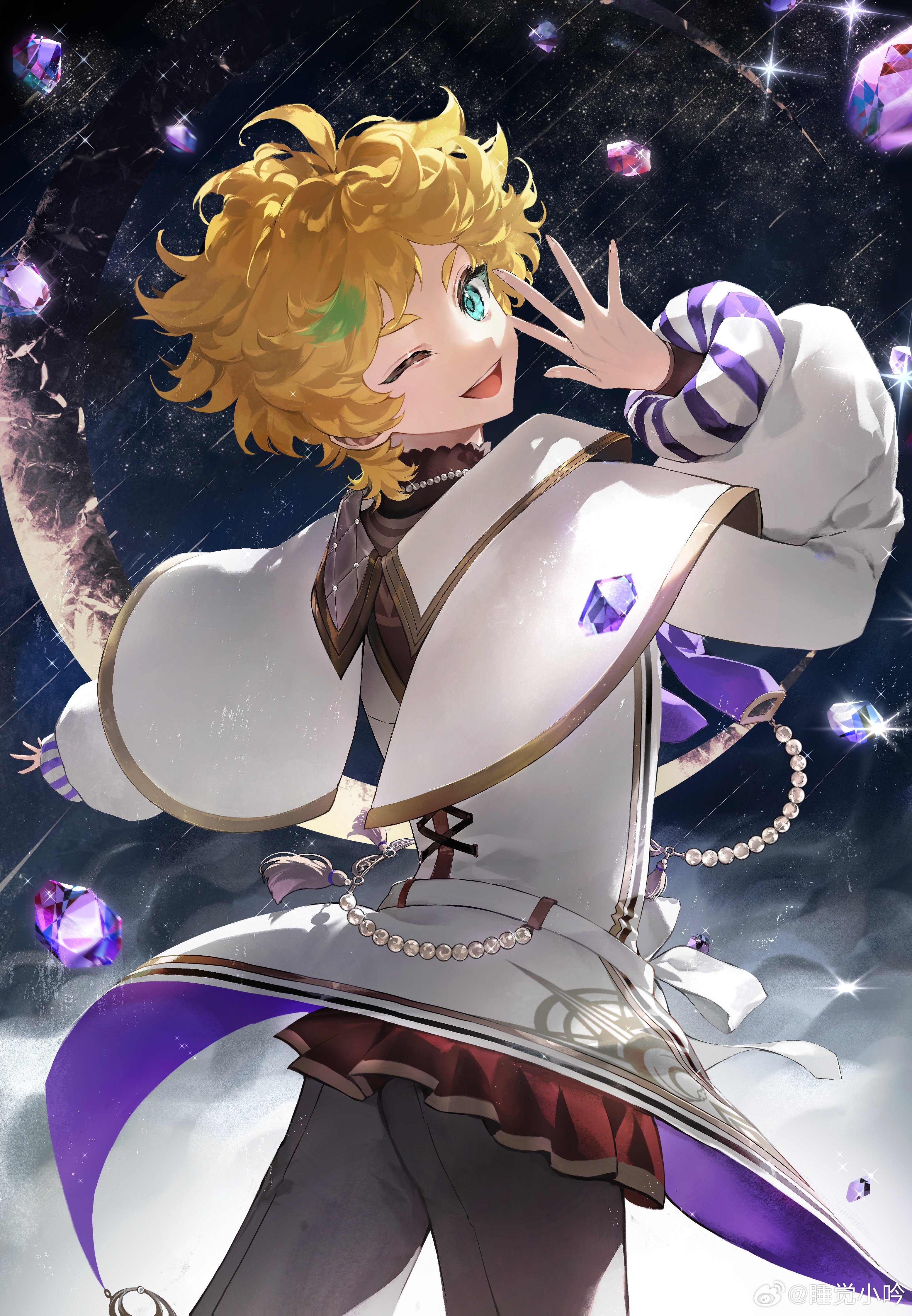 1boy absurdres ahoge androgynous bead_necklace beads belt black_pantyhose black_shirt blonde_hair blue_eyes bow bowtie capelet character_request chinese_commentary commentary_request copyright_request cowboy_shot cross-laced_jacket diamond_(gemstone) ensemble_stars! fingernails from_behind fur-trimmed_sleeves fur_trim gem glowing glowing_eye hand_up happy harukawa_sora highres idol_clothes jacket jewelry layered_sleeves long_sleeves looking_at_viewer looking_back male_focus meteor_shower microskirt necklace night night_sky one_eye_closed open_mouth outdoors outstretched_arm pantyhose pleated_skirt purple_bow purple_bowtie purple_gemstone purple_scrunchie red_skirt scrunchie shirt short_hair skirt sky sleeves_past_wrists smile solo sparkle star_(sky) starry_sky striped_clothes striped_scrunchie tassel teeth turtleneck turtleneck_shirt two-tone_scrunchie upper_teeth_only watermark weibo_watermark white_belt white_capelet white_jacket white_scrunchie wrist_scrunchie zi_yin