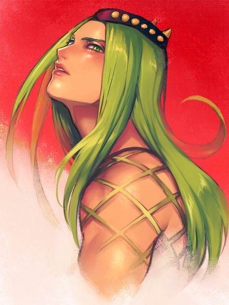 01rosso 1boy androgynous black_hat eyelashes fishnet_top fishnets from_side gradient_background green_eyes green_hair hat jojo_no_kimyou_na_bouken long_hair looking_at_viewer male_focus narciso_anasui parted_lips red_background solo stone_ocean upper_body