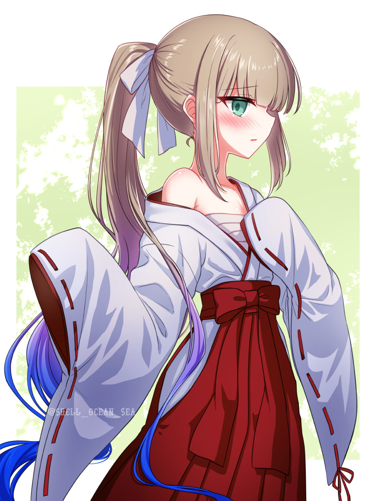 1boy androgynous bare_shoulders blonde_hair blue_hair blush captain_nemo_(fate) chest_sarashi crossdressing fate/grand_order fate_(series) gradient_hair green_eyes hakama hakama_skirt japanese_clothes kimono long_hair long_sleeves male_focus miko multicolored_hair nemo_(fate) ponytail red_hakama ribbon-trimmed_sleeves ribbon_trim sarashi shell_ocean skirt sleeves_past_fingers sleeves_past_wrists solo trap twitter_username very_long_hair white_kimono wide_sleeves