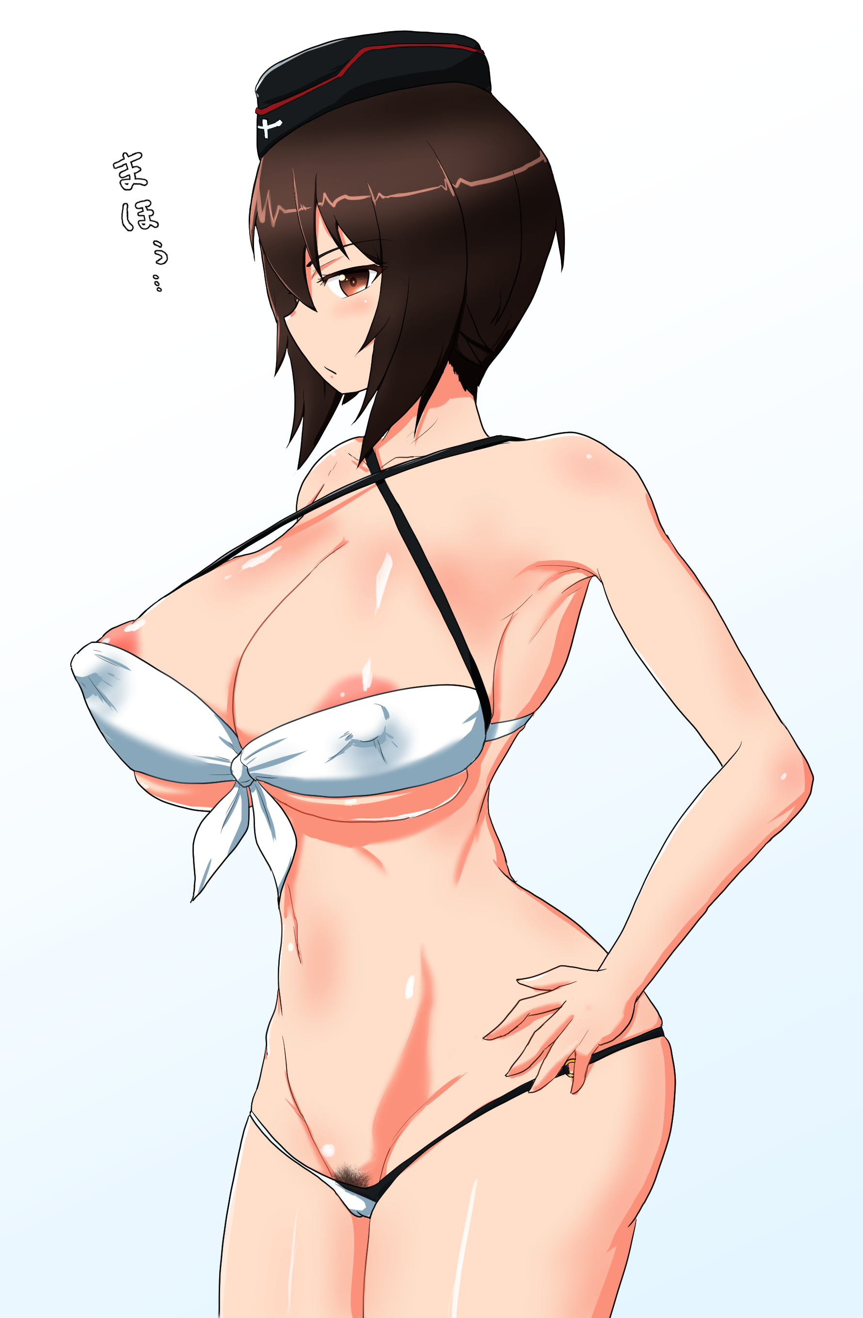 1girl absurdres bikini blush breasts brown_eyes brown_hair covered_erect_nipples criss-cross_halter cube_(huidama) garrison_cap girls_und_panzer halterneck hat highres huge_breasts navel nishizumi_maho pubic_hair short_hair solo swimsuit thong_bikini