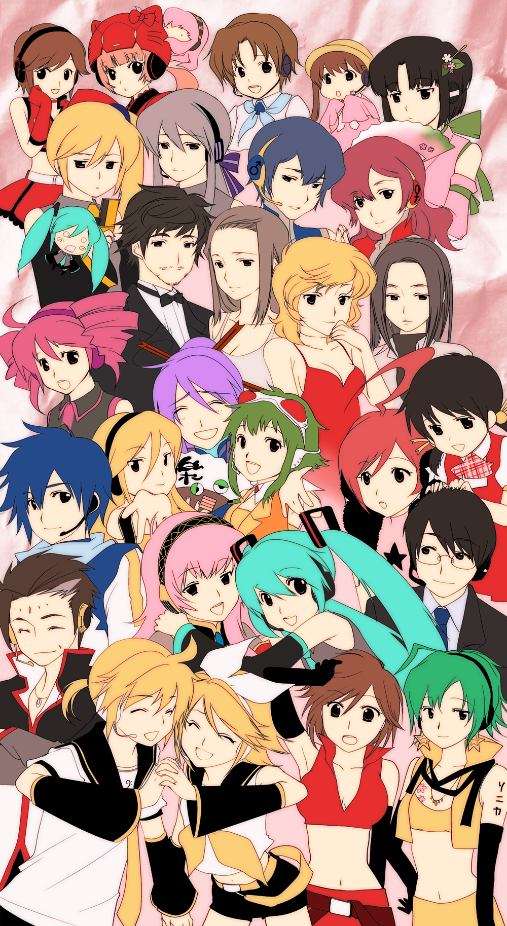 6+boys 6+girls ahoge akita_neru annotated aqua_hair bad_id bad_pixiv_id big_al black_hair blonde_hair blue_hair bow bowtie brown_hair crossover detached_sleeves drill_hair elbow_gloves everyone gloves goggles goggles_on_head green_hair gumi hachune_miku hair_ribbon hand_fan hatsune_miku headphones headset highres hiyama_kiyoteru kaai_yuki kagamine_len kagamine_rin kaito_(vocaloid) kamui_gakupo kasane_teto kasane_teto_(utau) leon_(vocaloid) lily_(vocaloid) lola_(vocaloid) long_hair megurine_luka meiko_(vocaloid) midriff miriam_(vocaloid) mouri multiple_boys multiple_girls navel necktie nekomura_iroha pink_hair prima purple_hair red_hair ribbon sakine_meiko sf-a2_miki short_hair silver_hair skirt smile sonika sweet_ann takoluka tonio tsukuyomi_ai tsukuyomi_shouta twintails utau very_long_hair vocaloid voiceroid vy1 yowane_haku