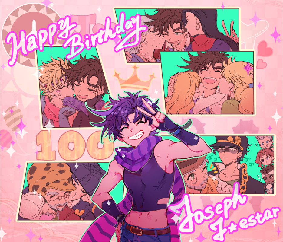 age_progression battle_tendency beard blonde_hair brown_hair caesar_anthonio_zeppeli crop_top denim diamond_wa_kudakenai erina_pendleton facial_hair family fingerless_gloves gloves grey_hair happy_birthday hat higashikata_josuke huan_li jean_pierre_polnareff jeans jojo_no_kimyou_na_bouken jonathan_joestar joseph_joestar joseph_joestar_(young) kakyoin_noriaki kiss kissing_cheek kujo_holy kuujou_holly kuujou_joutarou lisa_lisa magician&#039;s_red male_focus midriff mohammed_avdol old old_man pants purple_scarf scarf shizuka_joestar striped_clothes striped_scarf suzi_q v