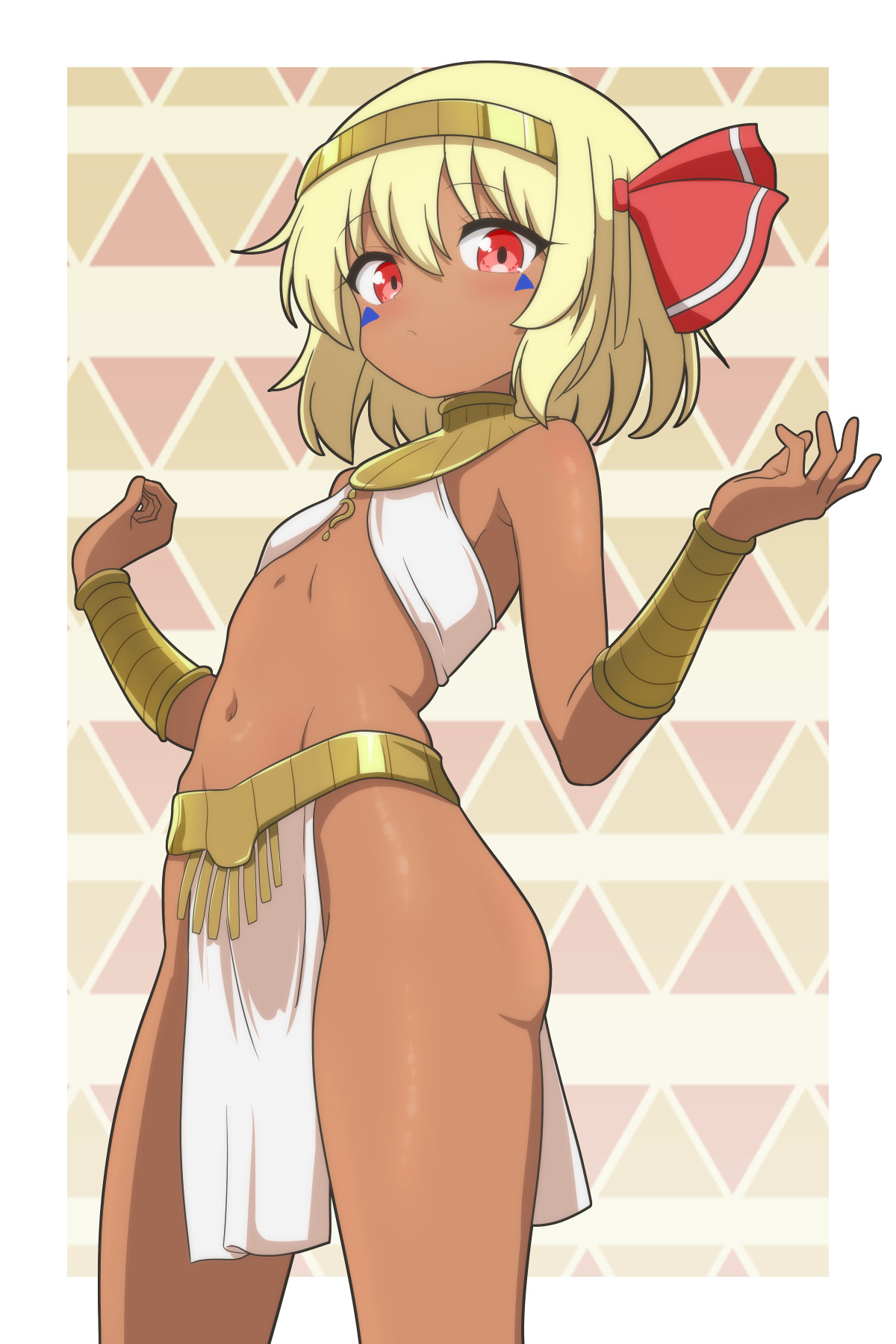 1girl alternate_costume alternate_skin_color ancient_egyptian_clothes armlet blonde_hair blur_layer bow bracelet cato_(monocatienus) circlet commentary_request dark-skinned_female dark_skin facial_tattoo flat_chest gold_bracelet hair_bow hair_ribbon highres jewelry light_blush loincloth looking_at_viewer navel pelvic_curtain red_eyes ribbon rumia short_hair solo tattoo touhou triangle_background usekh_collar