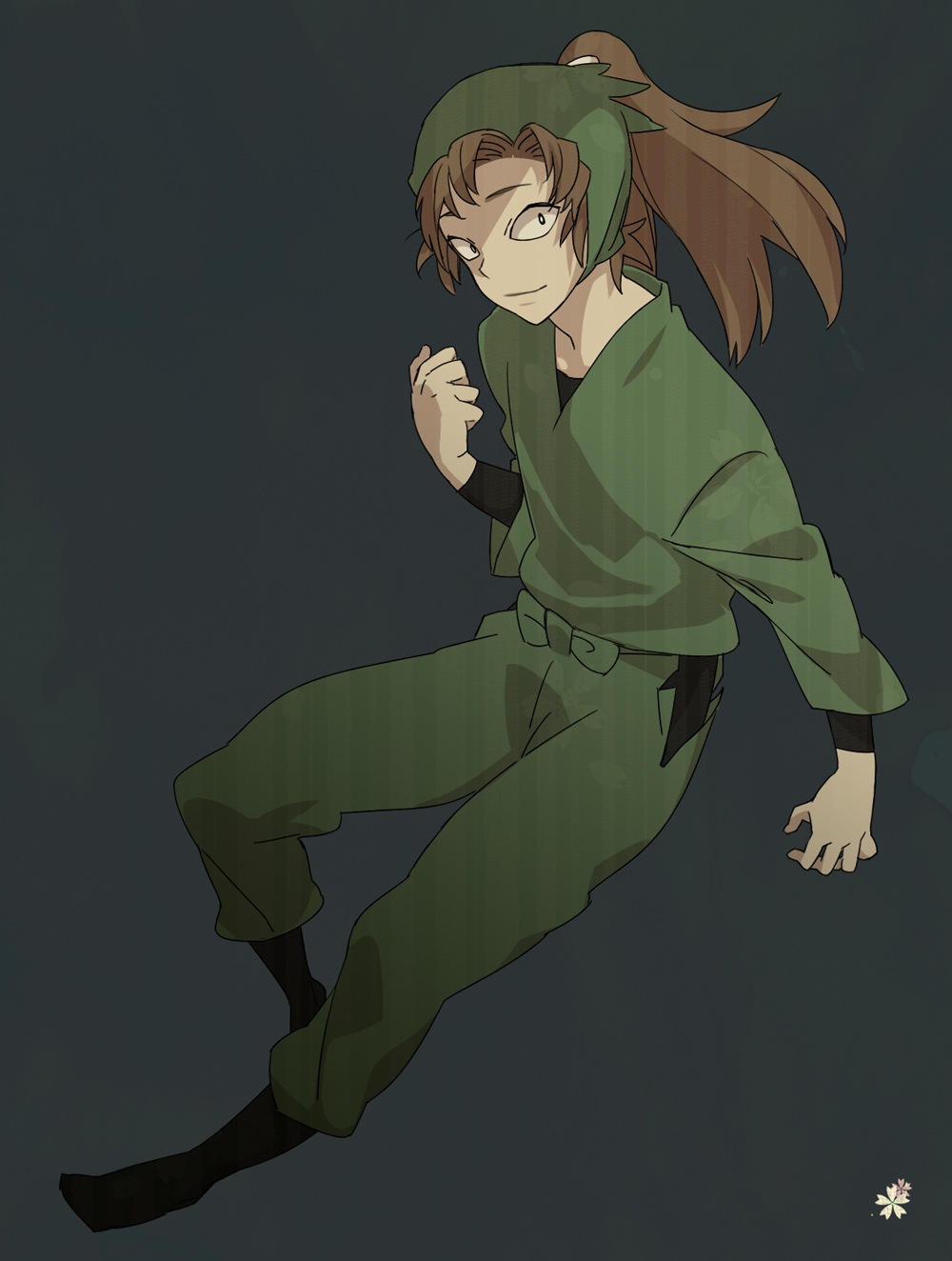 1boy bandana black_footwear black_undershirt brown_hair full_body green_pants green_shirt grey_background highres long_hair male_focus menoco ninja pants ponytail rakudai_ninja_rantarou shirt simple_background smile solo wide-eyed zenpouji_isaku