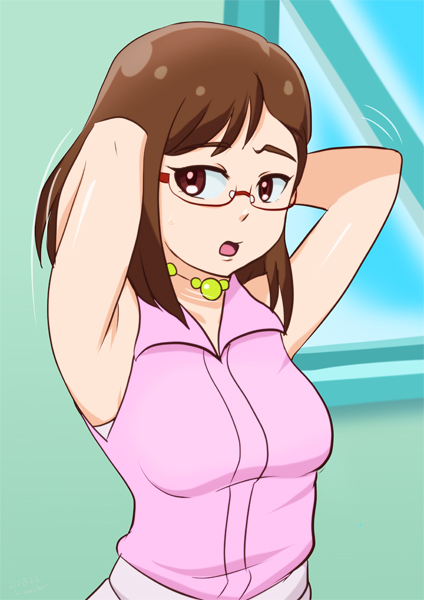 1girl armpits arms_behind_head arms_up brown_hair glasses indoors n-master pink_shirt precure sakuragawa_saki shirt short_hair sleeveless sleeveless_shirt solo tropical-rouge!_precure