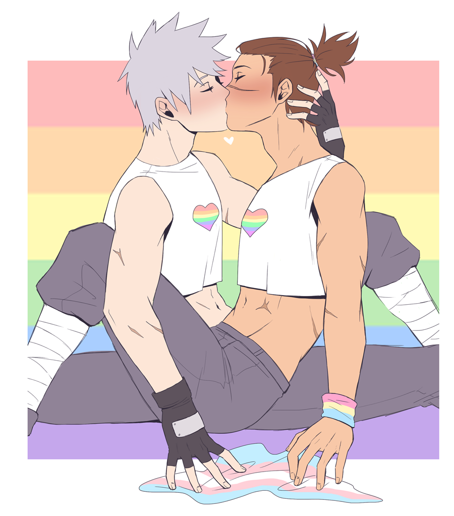 blush brown_hair couple dark-skinned_male dark_skin gloves grey_hair hatake_kakashi irukaka kakairu kiss lgbt_pride long_hair male_focus naruto_(classic) naruto_(series) naruto_shippuuden pride_month scar scar_on_arm scar_on_face scar_on_nose shonen_ai tank_top transgender_flag umino_iruka yaoi