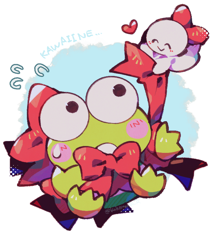 animal_focus black_eyes blush blush_stickers bow closed_eyes closed_mouth colored_skin frog green_skin hasunoue_keroppi kokemushi_(kuru_fox) looking_up ribbon sanrio