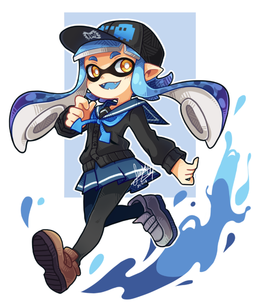 1girl baseball_cap black_hat black_sweater blue_hair blue_skirt blue_tongue brown_shoes cephalopod_eyes colored_tongue commentary commission dated english_commentary fangs full_body hat ink ink_splatter inkling inkling_girl inkling_player_character long_hair long_sleeves nintendo open_mouth pointy_ears sailor_collar sandragh shirt shoes signature simple_background skirt smile solo splatoon_(series) splatoon_1 suction_cups sweater tentacle_hair white_background yellow_eyes