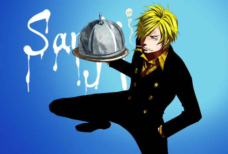 1boy blonde_hair character_name chinese_commentary cigarette commentary commentary_request eilinna english_commentary facial_hair formal_clothes goatee hair_over_one_eye hand_in_pocket holding long_sleeves male_focus mixed-language_commentary mouth_hold mustache_stubble one_eye_covered one_piece sanji_(one_piece) serving_dome shirt short_hair skull smile smoke smoking solo stubble suit yellow_shirt