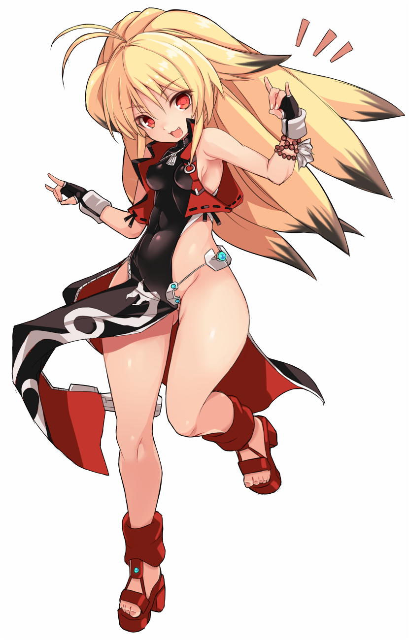 1girl :d antenna_hair bare_shoulders bead_bracelet beads black_dress black_hair blonde_hair blush bracelet double_fox_shadow_puppet dress fox_shadow_puppet full_body gluteal_fold groin hair_between_eyes highres jewelry karukan_(monjya) long_hair looking_at_viewer multicolored_hair namco_x_capcom notice_lines open_clothes open_mouth open_vest pelvic_curtain project_x_zone red_eyes red_sandals red_vest sandals simple_background smile solo standing standing_on_one_leg two-tone_hair very_long_hair vest white_background xiaomu