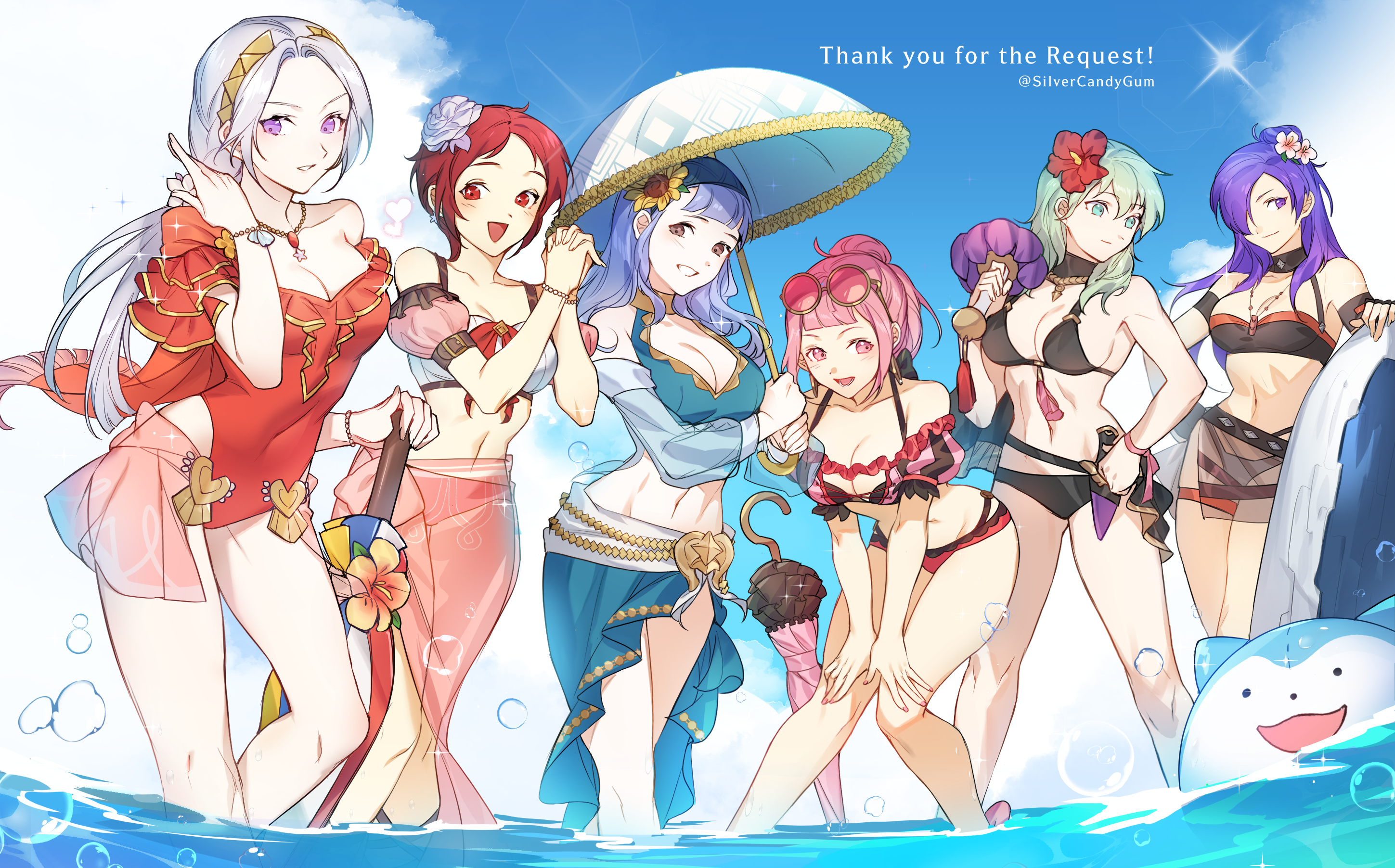 6+girls bare_shoulders bikini black_bikini blue_bikini blue_hair blue_sky breasts cleavage collarbone commentary covered_erect_nipples day edelgard_von_hresvelg edelgard_von_hresvelg_(summer) english_commentary eyewear_on_head female_byleth_(fire_emblem) female_byleth_(summer)_(fire_emblem) female_shez_(fire_emblem) female_shez_(summer)_(fire_emblem) fire_emblem fire_emblem:_three_houses fire_emblem_engage fire_emblem_heroes fire_emblem_warriors:_three_hopes flower forehead green_hair grey_hair hair_over_one_eye highres hilda_valentine_goneril hilda_valentine_goneril_(summer) leaning_forward long_hair marianne_von_edmund marianne_von_edmund_(summer) monica_von_ochs multiple_girls navel nintendo off-shoulder_bikini off_shoulder official_alternate_costume official_alternate_hairstyle one-piece_swimsuit own_hands_together pink_hair puffy_short_sleeves puffy_sleeves purple_eyes purple_hair red_flower red_hair red_one-piece_swimsuit revision round_eyewear sarong short_sleeves silvercandy_gum sky sommie_(fire_emblem) standing stomach sunglasses swimsuit thighs water
