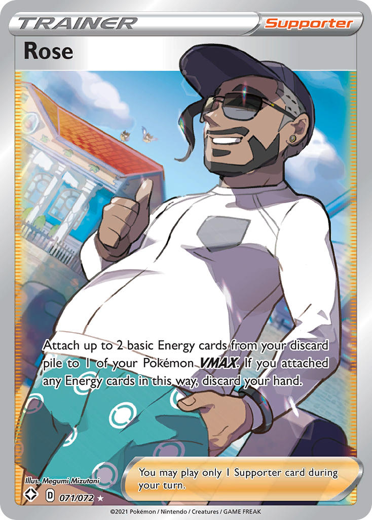 1boy aqua_shorts artist_name black_hair black_hat blue_sky building card_(medium) casual character_name cloud company_name copyright_name copyright_notice dark-skinned_male dark_skin day earrings english_text facial_hair gen_8_pokemon hand_in_pocket hat jewelry long_sleeves male_focus mizutani_megumi nintendo official_alternate_costume official_art pokemon pokemon_(creature) pokemon_card pokemon_swsh pokemon_tcg rookidee rose_(pokemon) shirt short_hair shorts sky smile solo_focus sunglasses teeth third-party_source thumbs_up trading_card undercut white_shirt