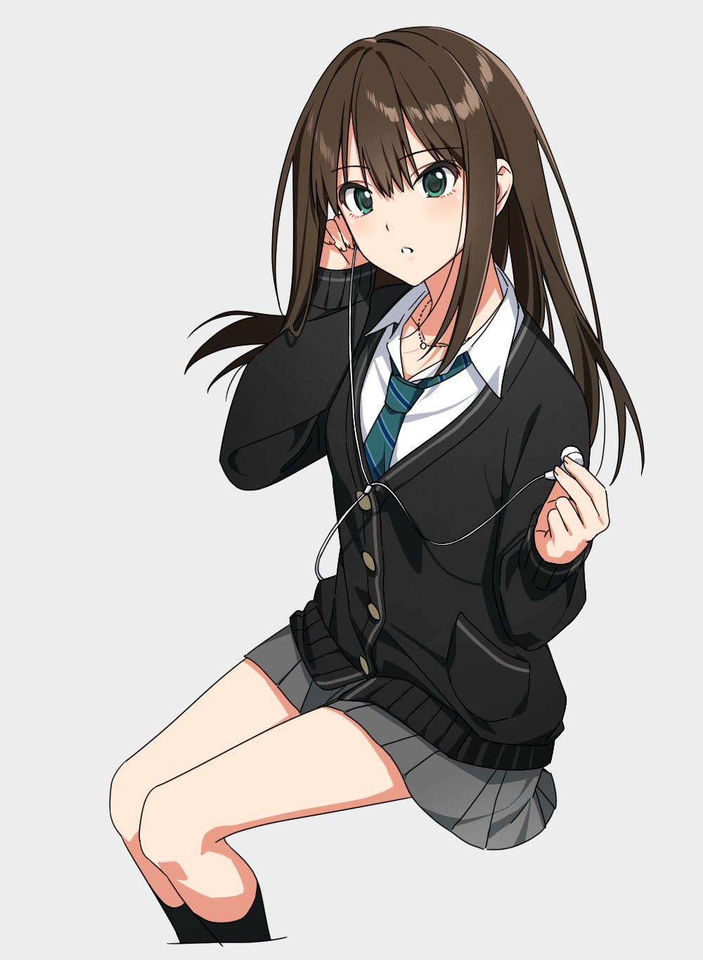 1girl :o black_cardigan black_socks brown_hair buttons cardigan collared_shirt commentary_request earbuds earphones expressionless grey_background grey_eyes hand_on_own_ear hands_up highres holding holding_earphones idolmaster idolmaster_cinderella_girls invisible_chair jewelry kneehighs korean_commentary long_hair long_sleeves looking_at_viewer miniskirt necklace nonanonnon6u6 parted_lips pleated_skirt school_uniform shibuya_rin shirt simple_background single_earphone_removed sitting skirt socks solo straight_hair white_shirt