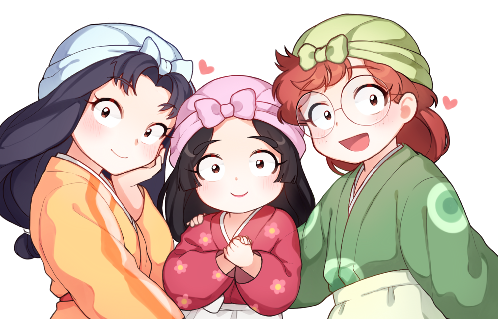 3boys :d apron arm_at_side black_eyes black_hair boy_sandwich brown_hair closed_mouth crossdressing eyelashes fukutomi_shinbei glasses green_kimono hand_on_another&#039;s_shoulder hand_on_own_cheek hand_on_own_face headdress heart inadera_rantarou japanese_clothes kimono koll long_hair long_sleeves looking_at_viewer low-tied_long_hair male_focus multiple_boys open_mouth outstretched_arm own_hands_together parted_bangs rakudai_ninja_rantarou red_hair red_kimono rimless_eyewear sandwiched settsuno_kirimaru sidelocks simple_background smile swept_bangs trap upper_body waist_apron white_background wide_sleeves yellow_kimono